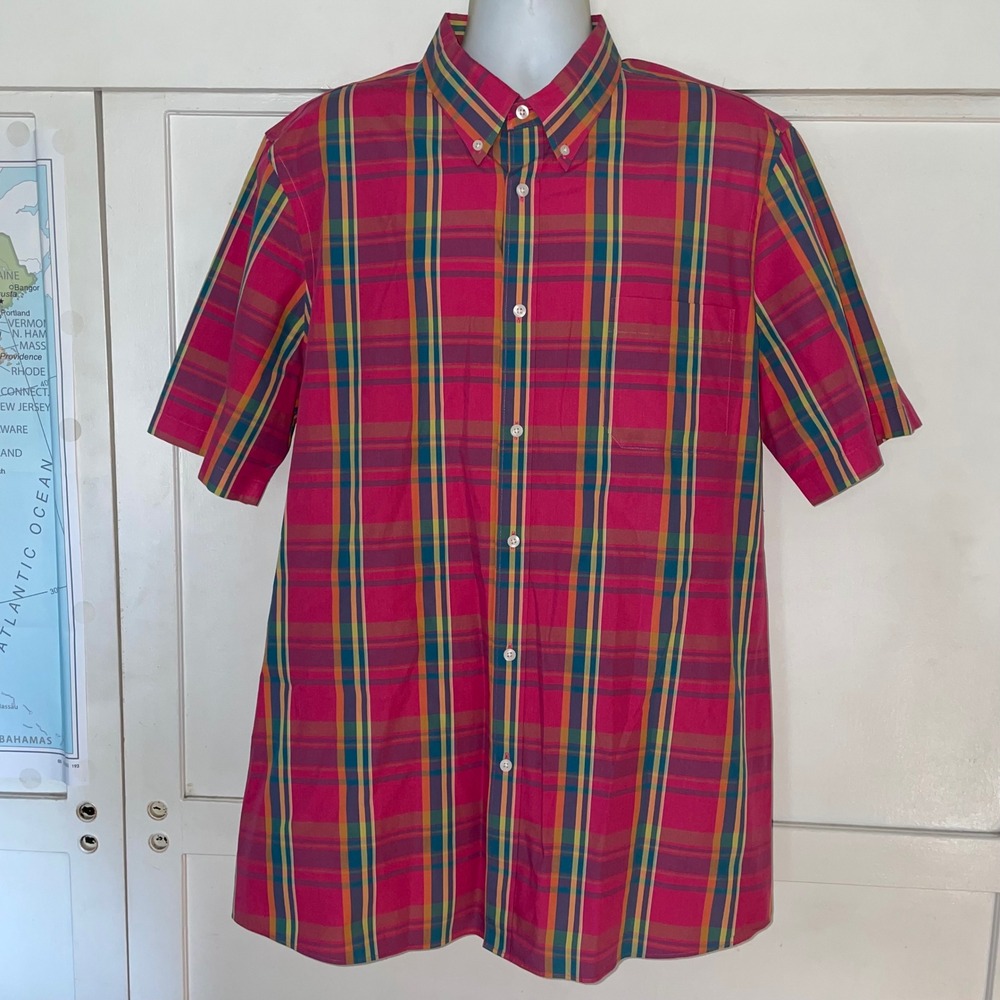 Nordstrom Men's Shop XXL Regular Fit Short Sleeve Plaid Cotton Shirt Pink Multi